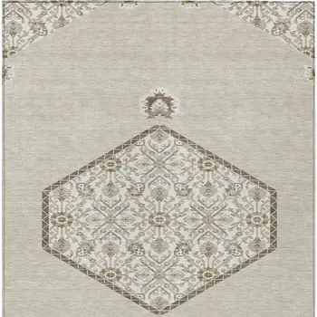 5' X 8' Beige Brown And Ivory Oriental Washable Indoor Outdoor Area Rug