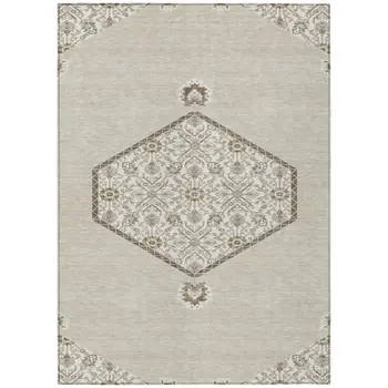 5' X 8' Beige Brown And Ivory Oriental Washable Indoor Outdoor Area Rug