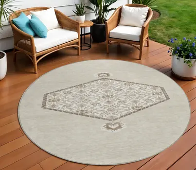 8' Beige Brown And Ivory Round Oriental Washable Indoor Outdoor Area Rug