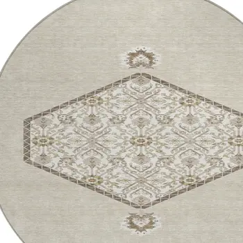 8' Beige Brown And Ivory Round Oriental Washable Indoor Outdoor Area Rug