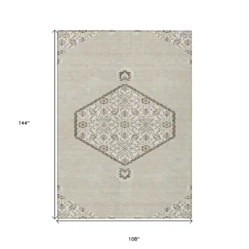 9' X 12' Beige Brown And Ivory Oriental Washable Indoor Outdoor Area Rug