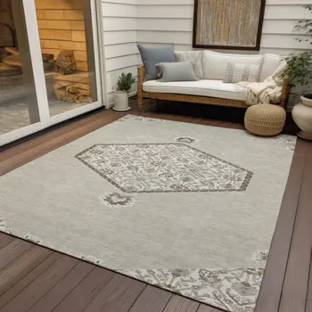10' X 14' Beige Brown And Ivory Oriental Washable Indoor Outdoor Area Rug