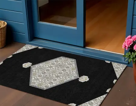 3' X 5' Black Gray And Ivory Oriental Washable Indoor Outdoor Area Rug