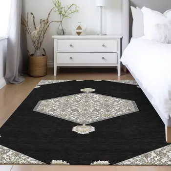5' X 8' Black Gray And Ivory Oriental Washable Indoor Outdoor Area Rug