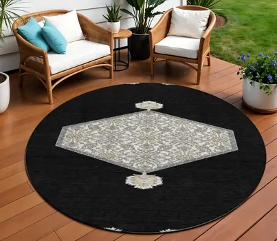 8' Black Gray And Ivory Round Oriental Washable Indoor Outdoor Area Rug