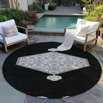 8' Black Gray And Ivory Round Oriental Washable Indoor Outdoor Area Rug
