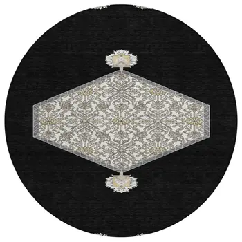 8' Black Gray And Ivory Round Oriental Washable Indoor Outdoor Area Rug