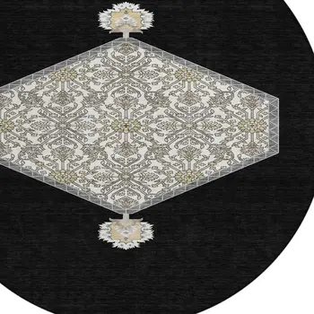 8' Black Gray And Ivory Round Oriental Washable Indoor Outdoor Area Rug