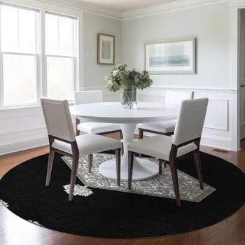 8' Black Gray And Ivory Round Oriental Washable Indoor Outdoor Area Rug