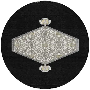 8' Black Gray And Ivory Round Oriental Washable Indoor Outdoor Area Rug