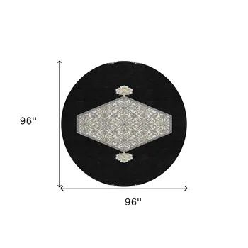 8' Black Gray And Ivory Round Oriental Washable Indoor Outdoor Area Rug