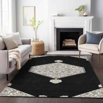 8' X 10' Black Gray And Ivory Oriental Washable Indoor Outdoor Area Rug