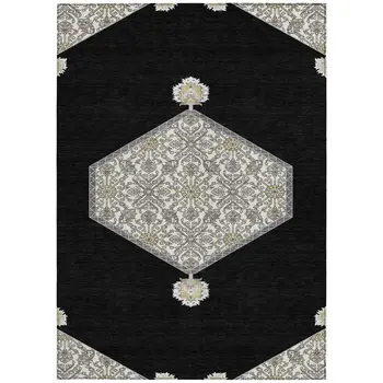 9' X 12' Black Gray And Ivory Oriental Washable Indoor Outdoor Area Rug
