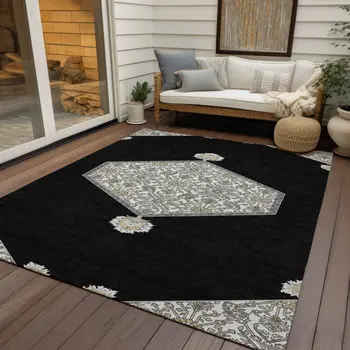 9' X 12' Black Gray And Ivory Oriental Washable Indoor Outdoor Area Rug