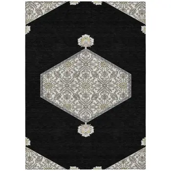 9' X 12' Black Gray And Ivory Oriental Washable Indoor Outdoor Area Rug