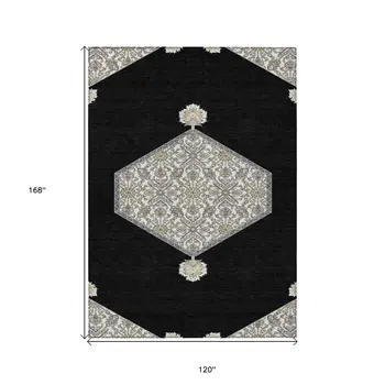 10' X 14' Black Gray And Ivory Oriental Washable Indoor Outdoor Area Rug