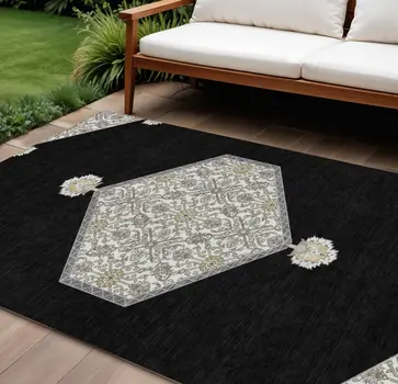 10' X 14' Black Gray And Ivory Oriental Washable Indoor Outdoor Area Rug