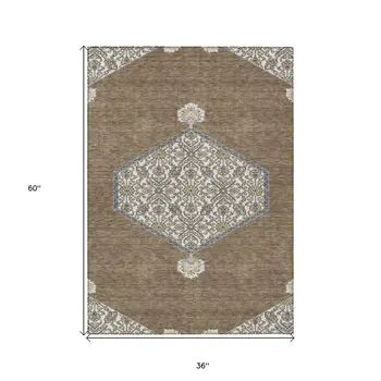 3' X 5' Brown Gray And Ivory Oriental Washable Indoor Outdoor Area Rug