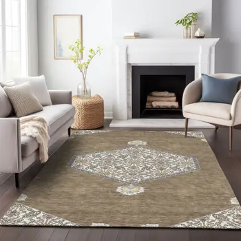 3' X 5' Brown Gray And Ivory Oriental Washable Indoor Outdoor Area Rug