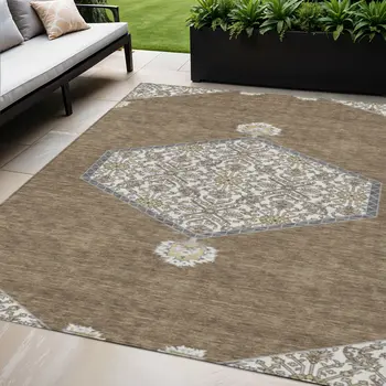 5' X 8' Brown Gray And Ivory Oriental Washable Indoor Outdoor Area Rug