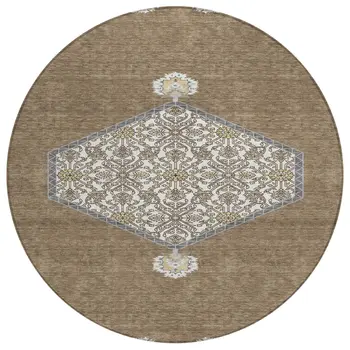 8' Brown Gray And Ivory Round Oriental Washable Indoor Outdoor Area Rug