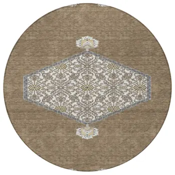 8' Brown Gray And Ivory Round Oriental Washable Indoor Outdoor Area Rug