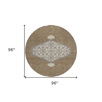 8' Brown Gray And Ivory Round Oriental Washable Indoor Outdoor Area Rug