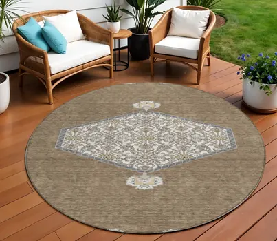 8' Brown Gray And Ivory Round Oriental Washable Indoor Outdoor Area Rug