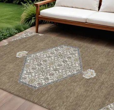 8' X 10' Brown Gray And Ivory Oriental Washable Indoor Outdoor Area Rug