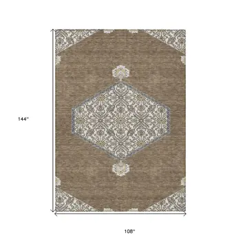9' X 12' Brown Gray And Ivory Oriental Washable Indoor Outdoor Area Rug