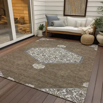9' X 12' Brown Gray And Ivory Oriental Washable Indoor Outdoor Area Rug