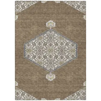 9' X 12' Brown Gray And Ivory Oriental Washable Indoor Outdoor Area Rug