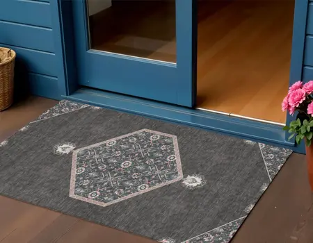 3' X 5' Charcoal Pink And Blue Oriental Washable Indoor Outdoor Area Rug