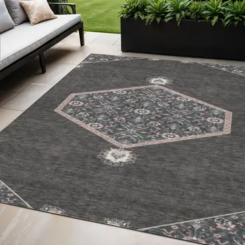 5' X 8' Charcoal Pink And Blue Oriental Washable Indoor Outdoor Area Rug