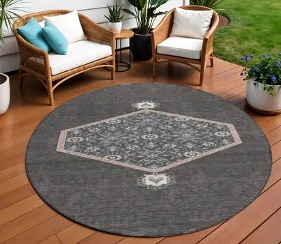 8' Charcoal Pink And Blue Round Oriental Washable Indoor Outdoor Area Rug