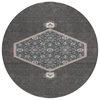 8' Charcoal Pink And Blue Round Oriental Washable Indoor Outdoor Area Rug