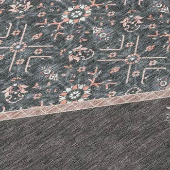 8' Charcoal Pink And Blue Round Oriental Washable Indoor Outdoor Area Rug