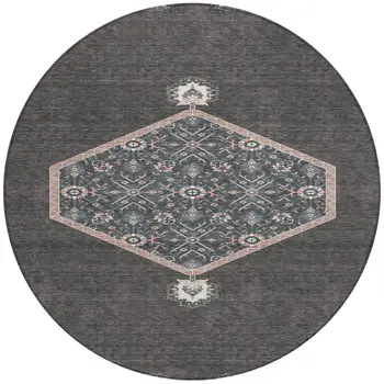 8' Charcoal Pink And Blue Round Oriental Washable Indoor Outdoor Area Rug