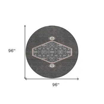 8' Charcoal Pink And Blue Round Oriental Washable Indoor Outdoor Area Rug