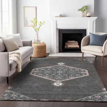 8' X 10' Charcoal Pink And Blue Oriental Washable Indoor Outdoor Area Rug