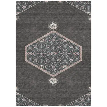 9' X 12' Charcoal Pink And Blue Oriental Washable Indoor Outdoor Area Rug