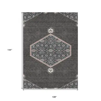 9' X 12' Charcoal Pink And Blue Oriental Washable Indoor Outdoor Area Rug