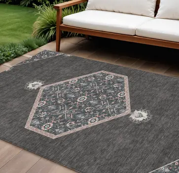 9' X 12' Charcoal Pink And Blue Oriental Washable Indoor Outdoor Area Rug