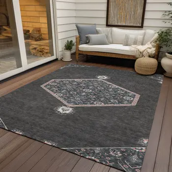 9' X 12' Charcoal Pink And Blue Oriental Washable Indoor Outdoor Area Rug