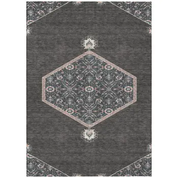 9' X 12' Charcoal Pink And Blue Oriental Washable Indoor Outdoor Area Rug