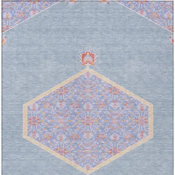 3' X 5' Denim Blue And Orange Oriental Washable Indoor Outdoor Area Rug