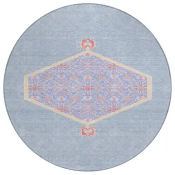 8' Denim Blue And Orange Round Oriental Washable Indoor Outdoor Area Rug