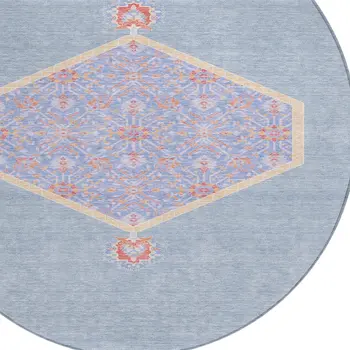 8' Denim Blue And Orange Round Oriental Washable Indoor Outdoor Area Rug