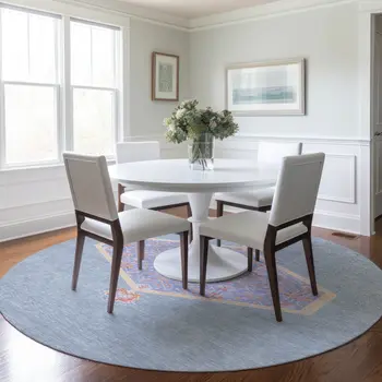 8' Denim Blue And Orange Round Oriental Washable Indoor Outdoor Area Rug