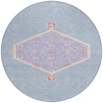 8' Denim Blue And Orange Round Oriental Washable Indoor Outdoor Area Rug